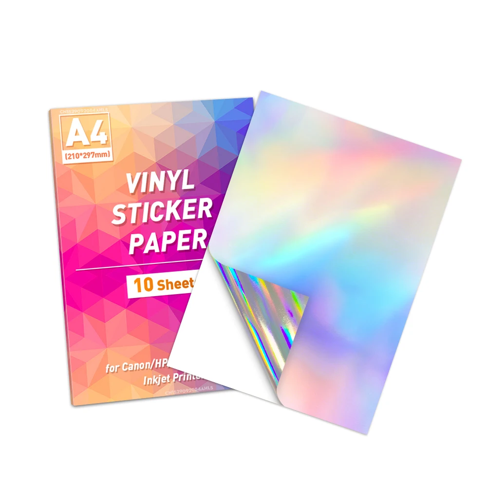 10 hojas de papel adhesivo de vinilo imprimible holográfico A4, 210x297mm, para impresora de inyección de tinta, etiqueta adhesiva, hoja láser impermeable - imagen 2