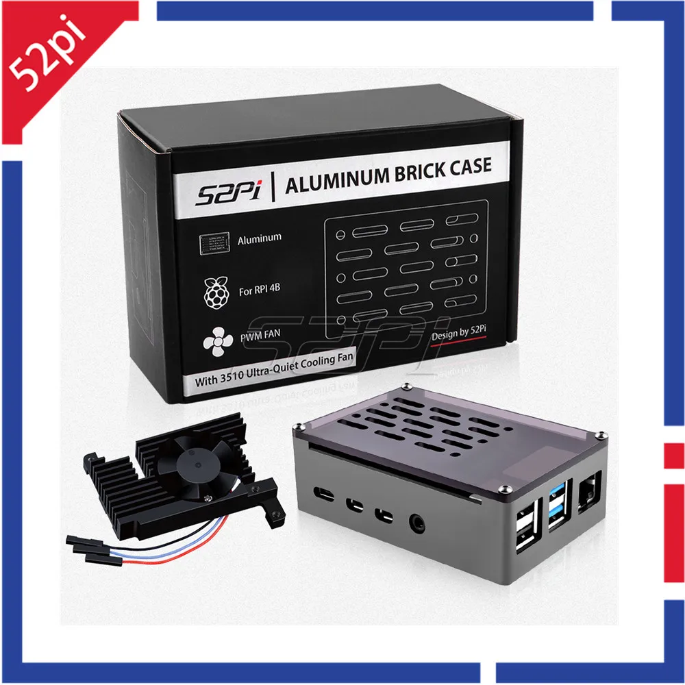 Carcasa de aluminio 52Pi Raspberry Pi 4 Modelo B, carcasa de ladrillo negra con velocidad ajustable, ventilador de refrigeración silencioso 3510 para RPI 4B