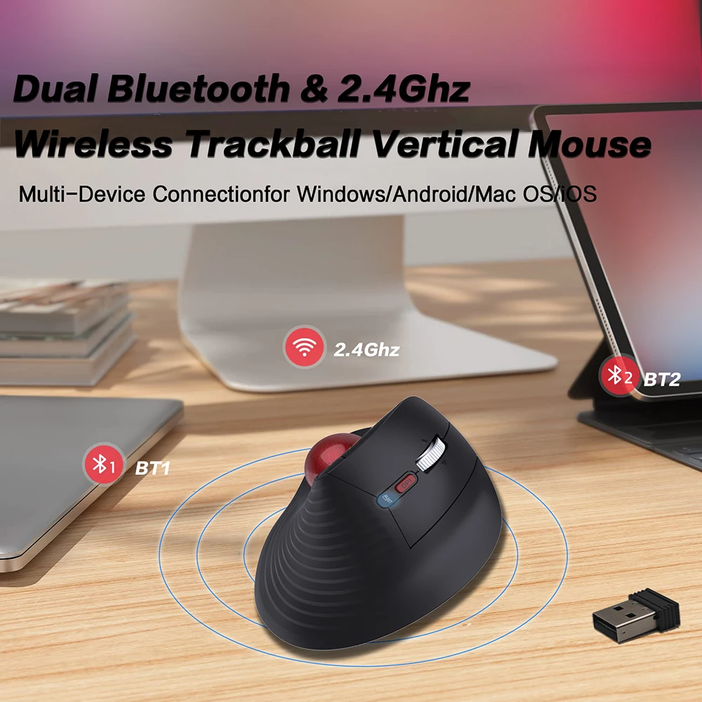 Ratón Trackball inalámbrico ergonómico Bluetooth5.0 y 2,4G con diseño vertical y rodillo de velocidad, ratones ópticos recargables de 1000DPI, negro - imagen 2