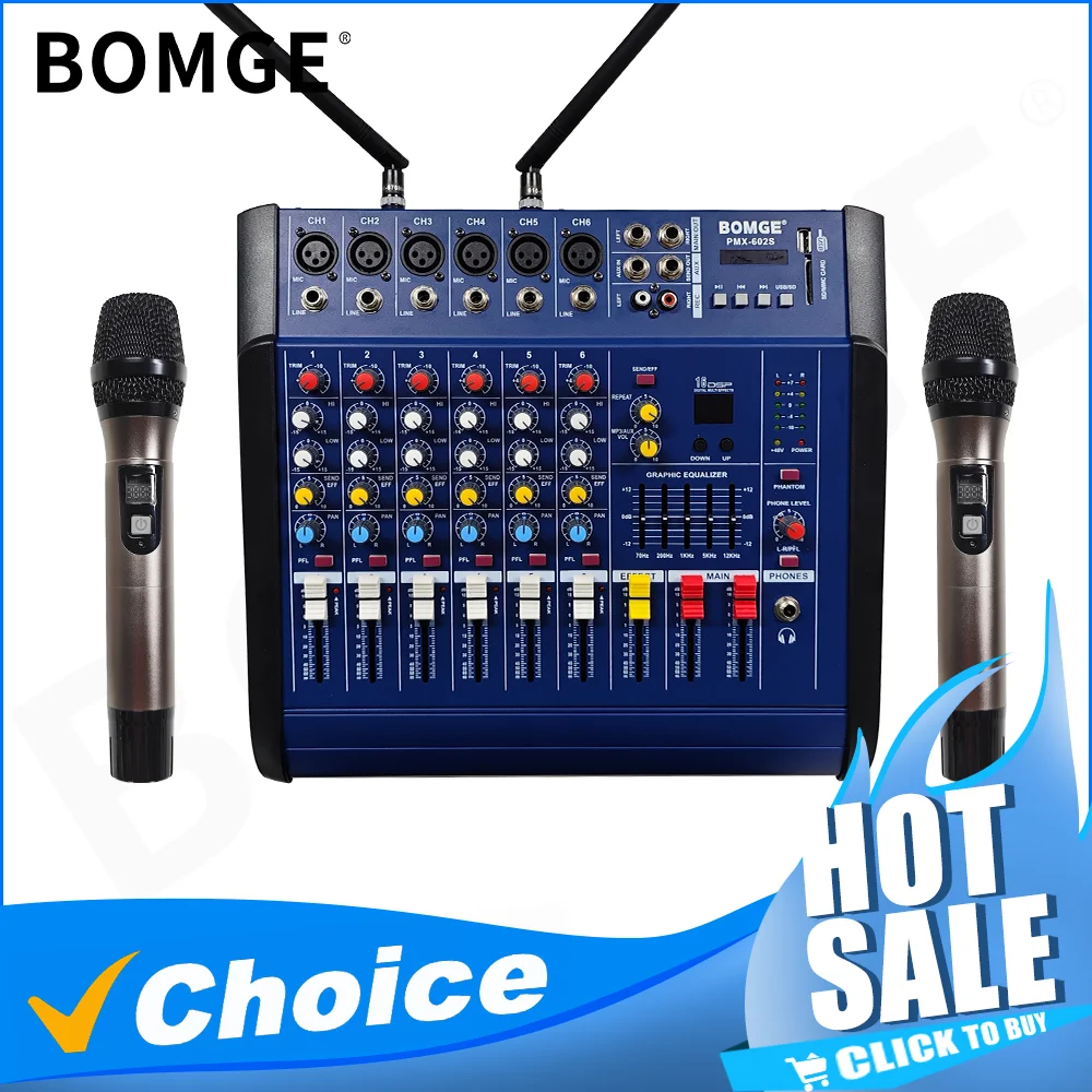 Mezclador de Audio profesional de 6 canales con sistema de micrófono inalámbrico, tarjeta de consola de sonido, interfaz USB de 48V para karaoke y DJ