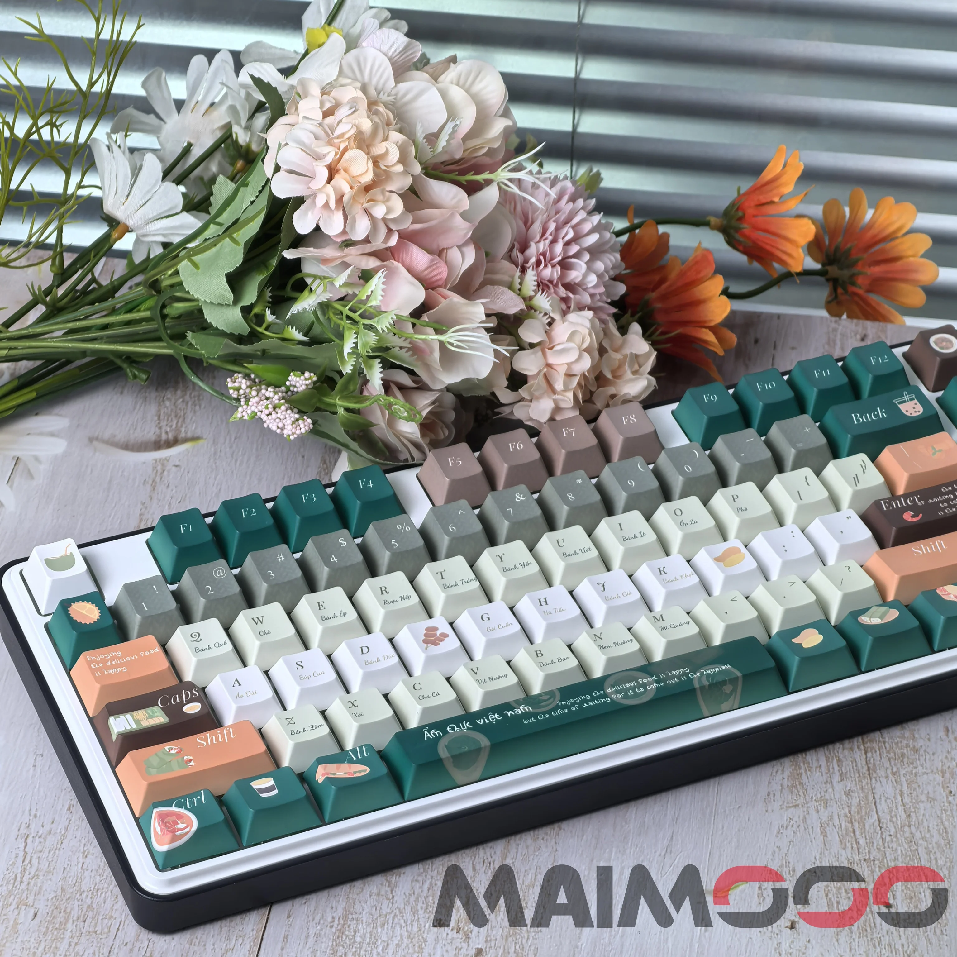 Teclas de comida personalizadas, perfil de cereza, tema gourmet vietnamita, teclas de sublimación térmica PBT, tapas de teclado marrón verde oscuro - imagen 5