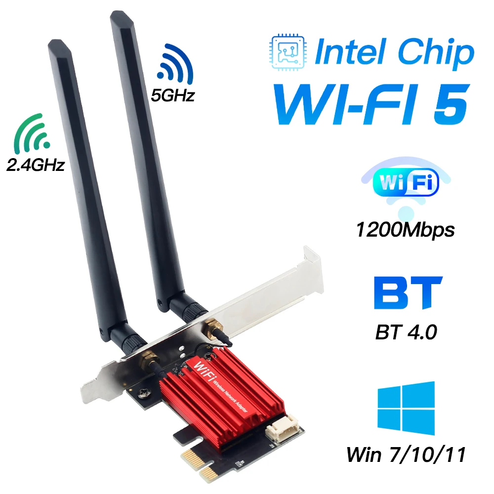 Adaptador WiFi Intel AC1200, tarjeta inalámbrica Wi-Fi 5, banda Dual 2,4G/5Ghz, Bluetooth 4,0, para escritorio, Windows 7/8/10/11 - imagen 2