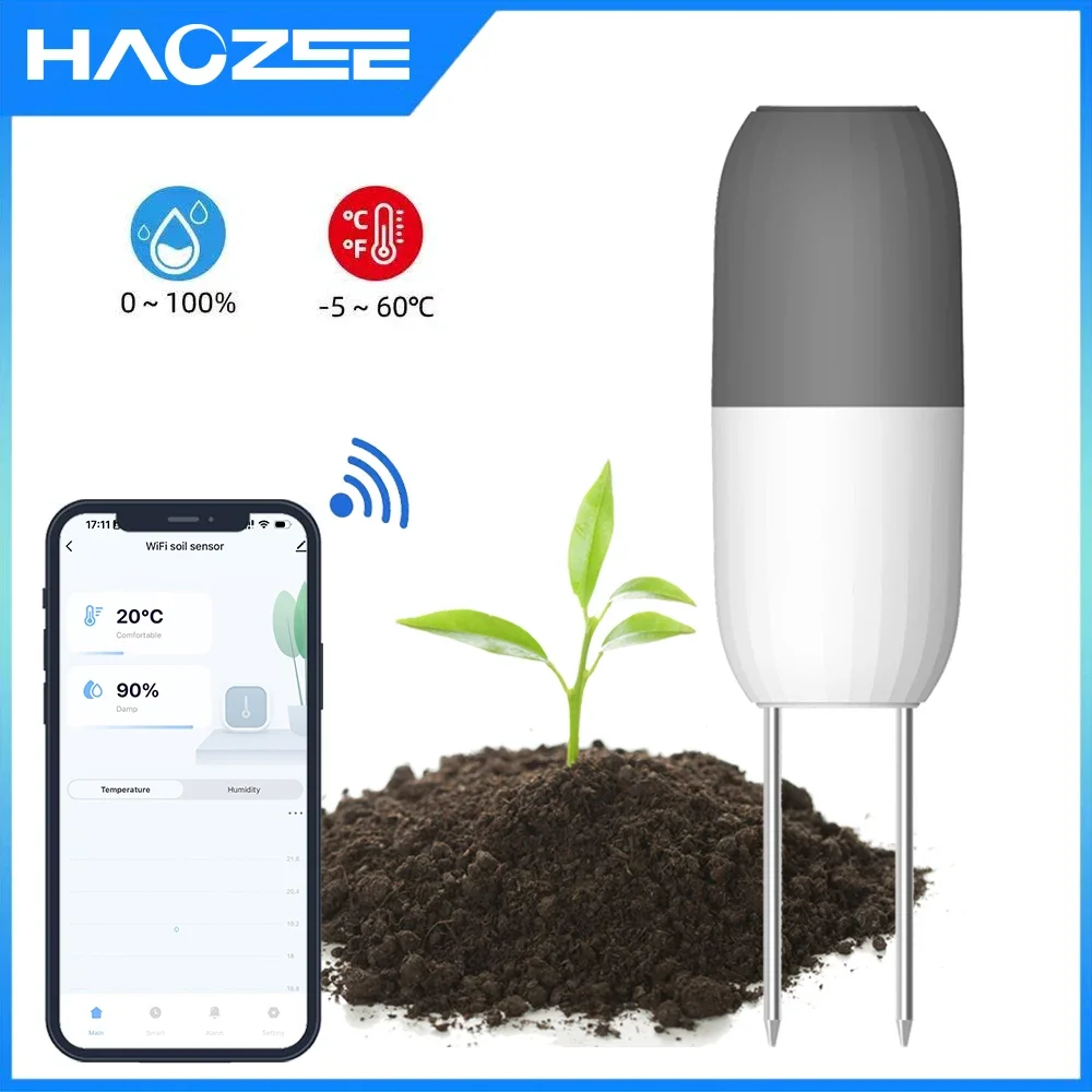 Haozee Tuya WIFI Sensor de suelo Detector inteligente de temperatura y humedad Monitor inalámbrico de humedad del suelo impermeable para invernadero de jardín