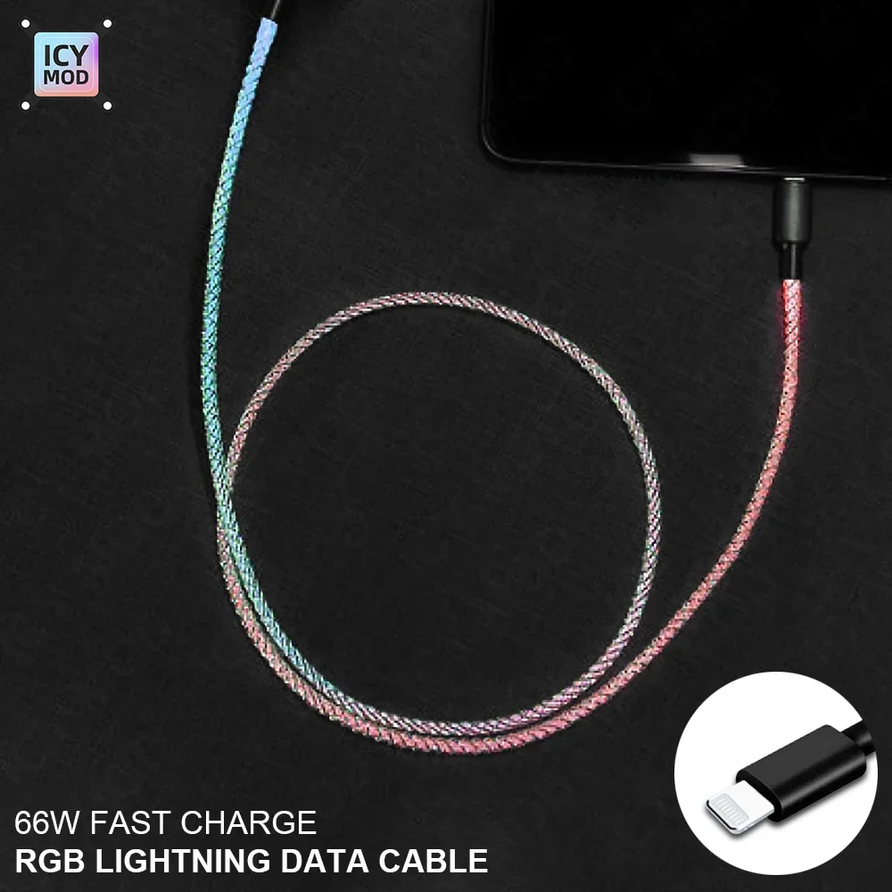 Cable de datos de carga Flash de 66W Cable de datos de Color mágico RGB compatible con USB Lightning, USB tipo C, Cable de datos Micro USB de 1 punto 3 - imagen 3