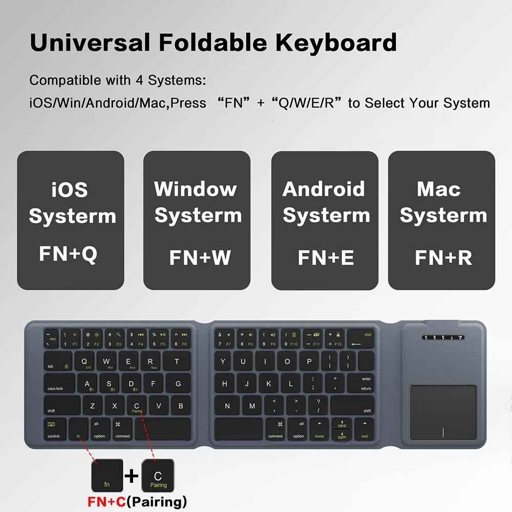 Jomaa Teclado Bluetooth Tri plegable Funda de cuero Teclado inalámbrico plegable recargable con botón táctil derecho izquierdo - imagen 2