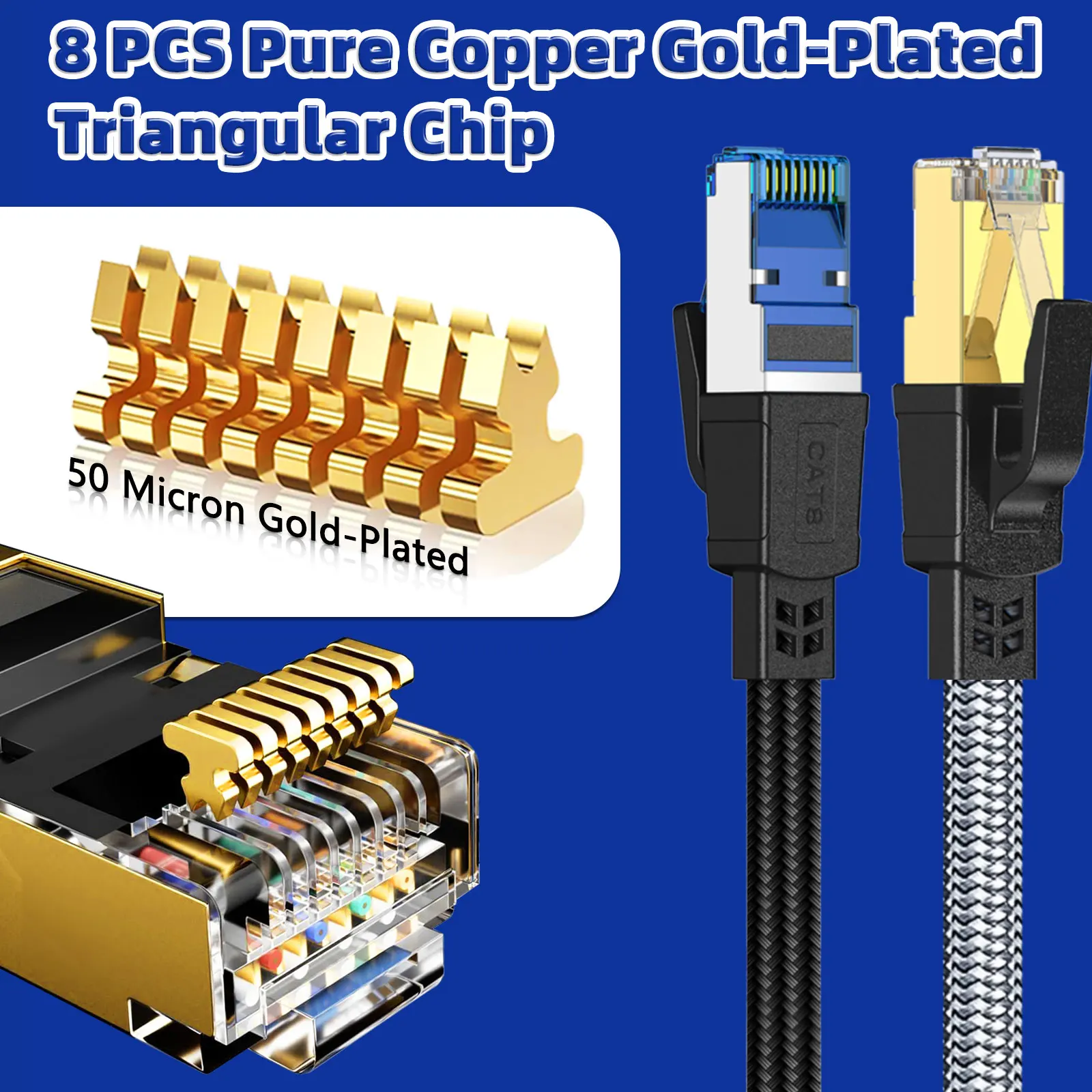 Cable Ethernet CAT8 40Gbps Nylon trenzado red parche Lan Cable para PC módem portátil PS 5 enrutador RJ45 Cable plano Ethernet Cat 8 - imagen 3