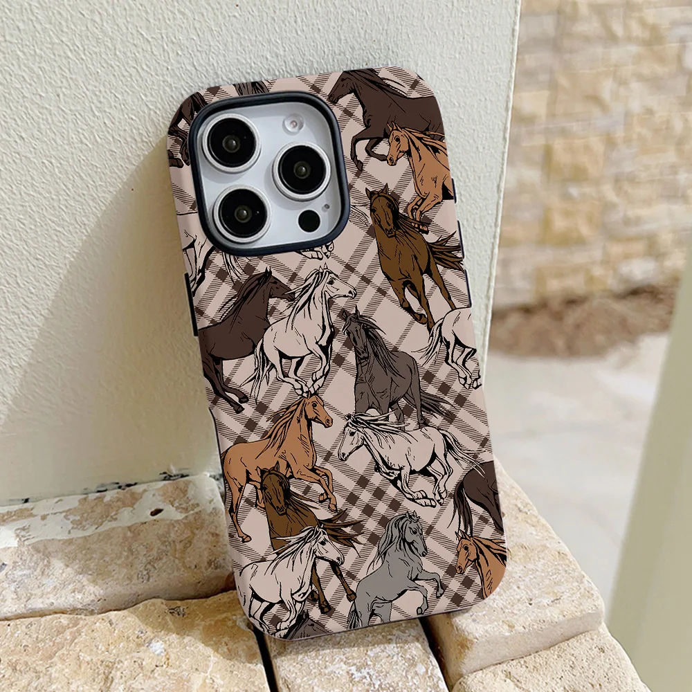 Funda de teléfono con diseño de caballo a cuadros para iPhone 16, 15, 14, 13, 12, 11 Pro Max Plus, funda trasera magnética de lujo de doble capa - imagen 2