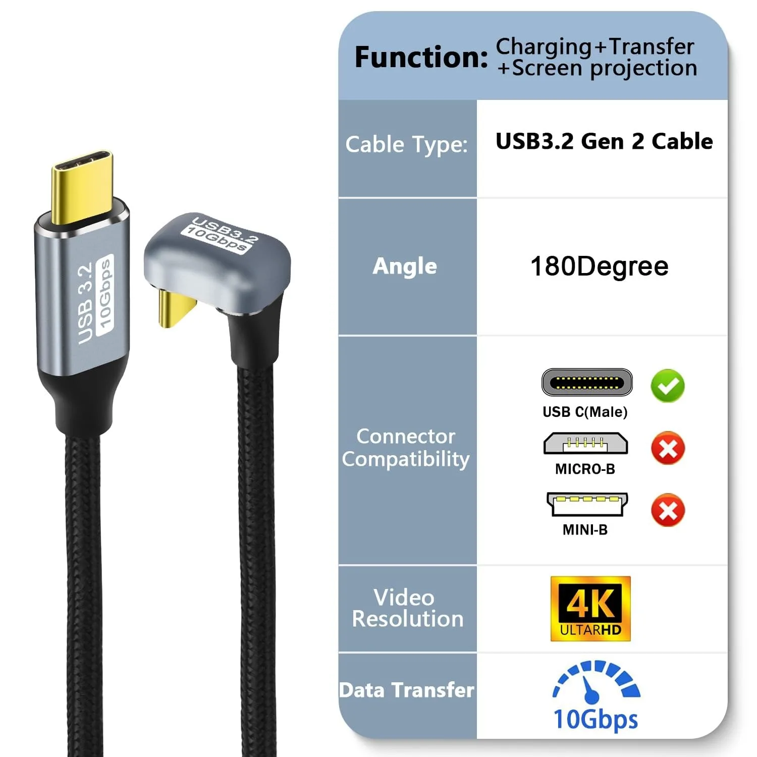 Cable de carga rápida USB C PD 100W en forma de U, USB tipo C en ángulo de 180 grados, 3,2, 10Gbps, 4K @ 60Hz, Cable de pantalla para portátiles, teléfonos VR, almohadillas - imagen 2