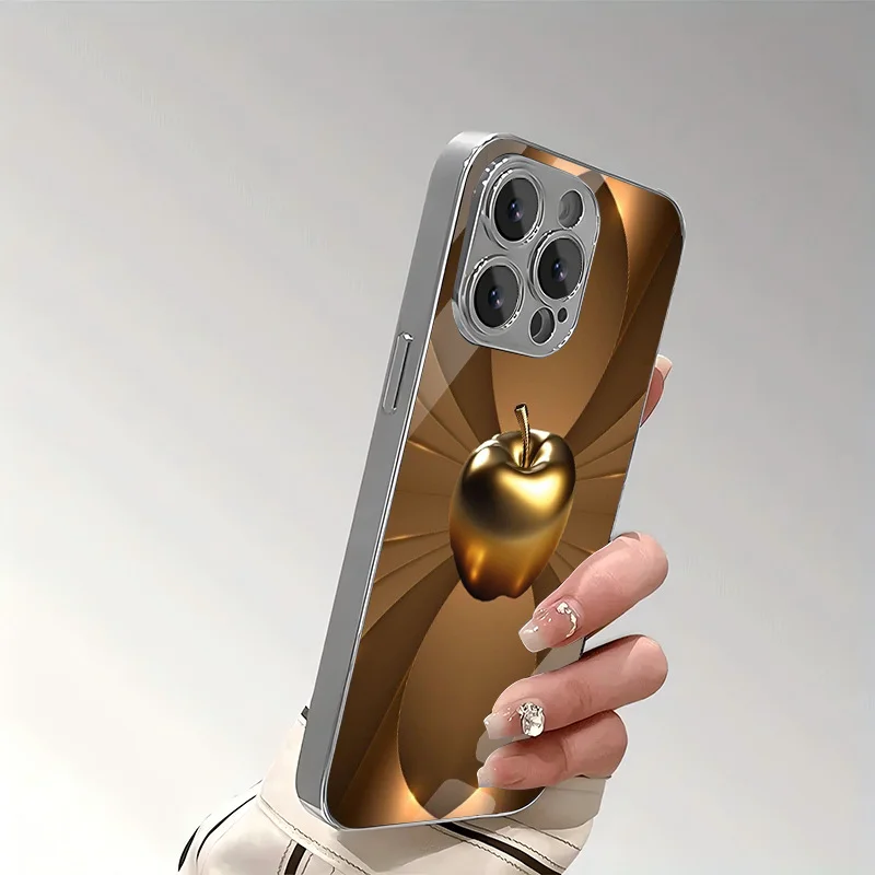 Funda iPhone para X/XS /XS MAX/XR / 11/12/13/14/15/16/17 Pro MAX Chapado en plata Diseño de vidrio templado "Mela dorada" - imagen 2