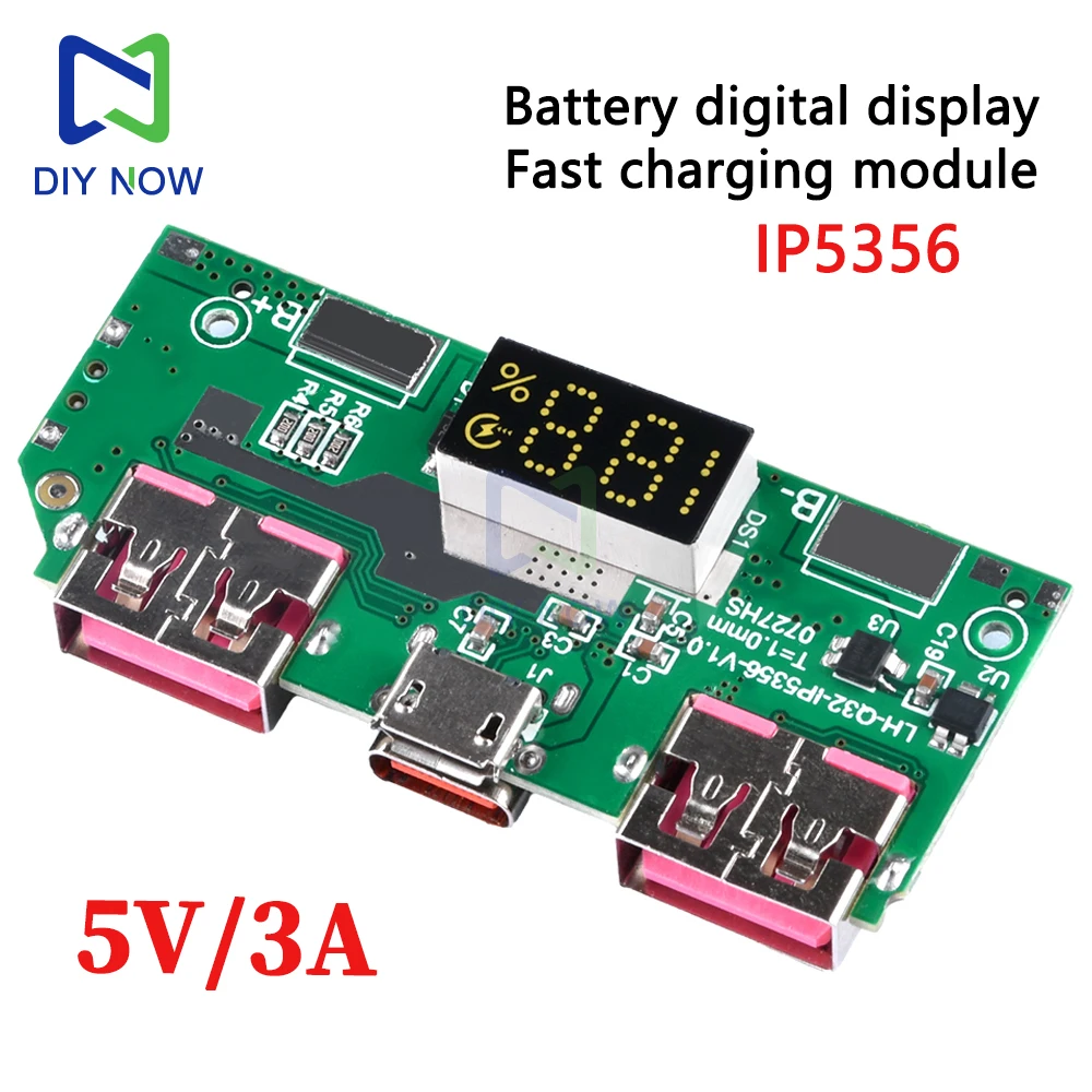 Módulo de carga rápida con pantalla Digital de batería de litio de 5V 3A IP5356 QC3.0 2,0 PD3.0 PD2.0/AFC/FCP TYPE-C Micro USB