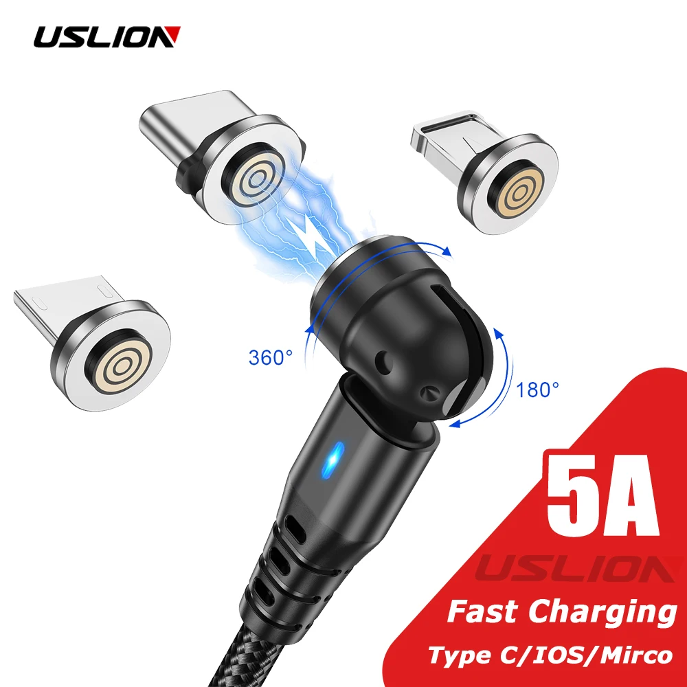 USLION 540 Cable magnético giratorio 5A carga rápida tipo C Mirco USB Cable de datos de teléfono para iPhone 14 13 Pro Max Xiaomi 12 POCO Redmi