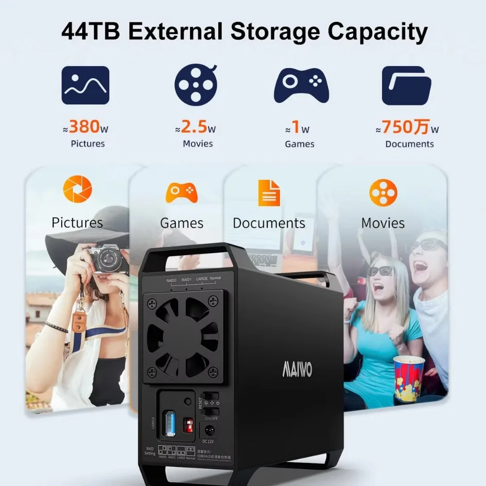 MAIWO HDD Case Dual Bay Caja de disco duro de matriz de 3,5 pulgadas SATA a USB 3.0 Caja externa de disco, cuatro modos RAID con ventilador para caja de PC - imagen 5