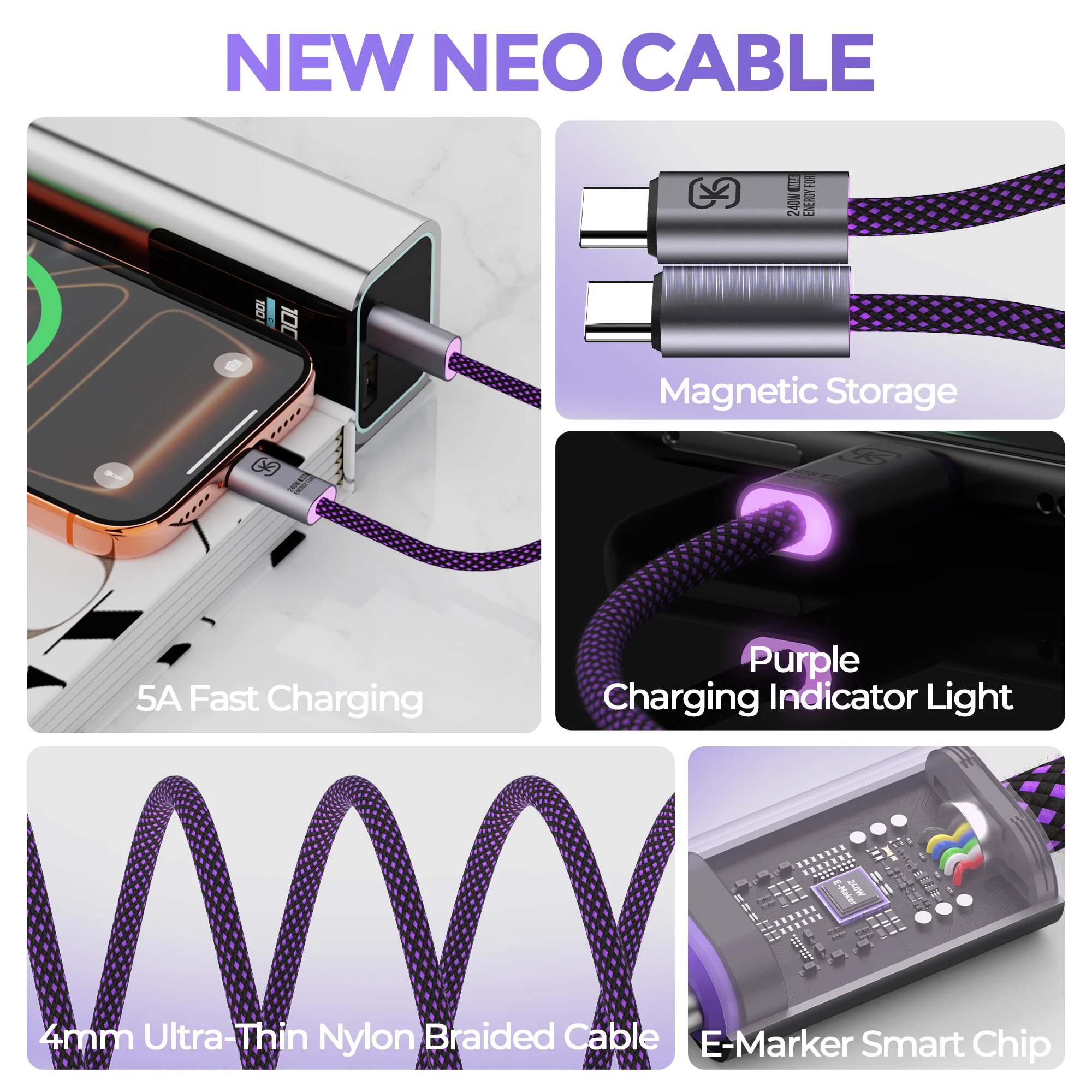 Cable USB C magnético Cable corto tipo C PD240W Cable de carga rápida 480Mbps Cable cargador de transferencia de datos organizador de cables para iPhone - imagen 5