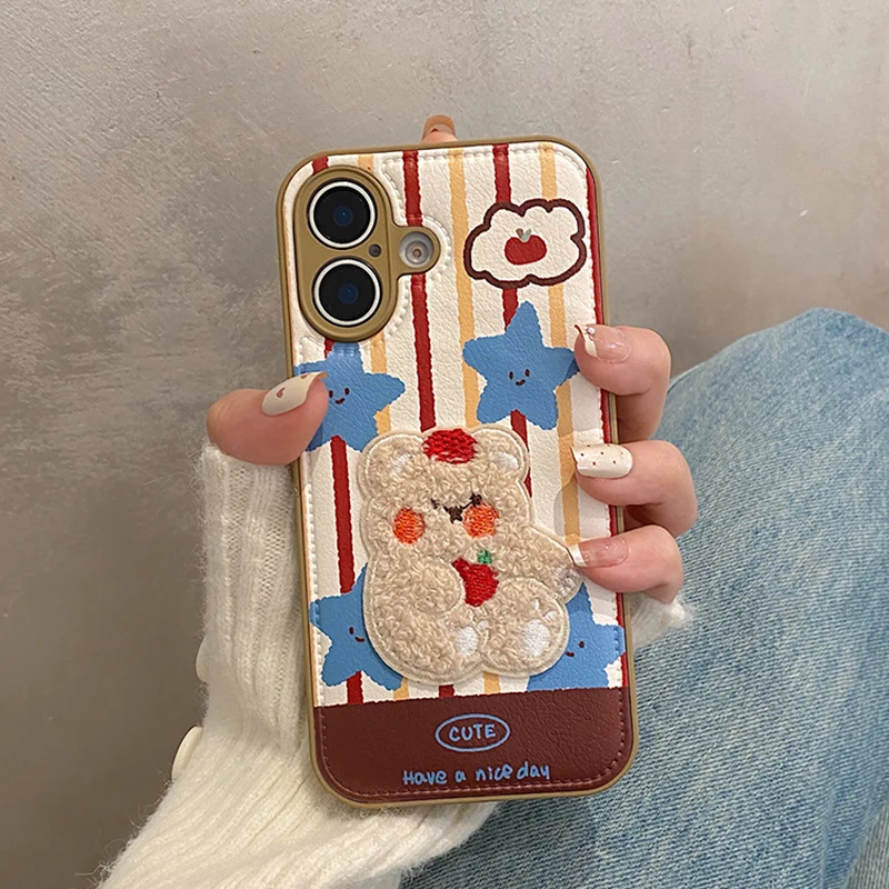 Funda de teléfono con diseño de oso y conejo bordado de felpa 3D para iPhone 11 12 13 14 15 16 17 Pro Max, funda trasera con textura de Litchi de cuero - imagen 4
