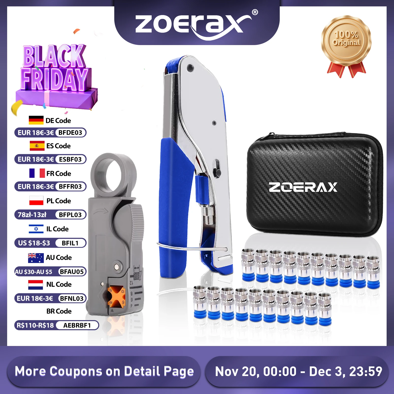 ZoeRax Kit de herramientas de compresión Coaxial Alicates prensadores de cables coaxiales con 20 piezas conectores RG6 F, herramienta pelacables coaxiales - imagen 2