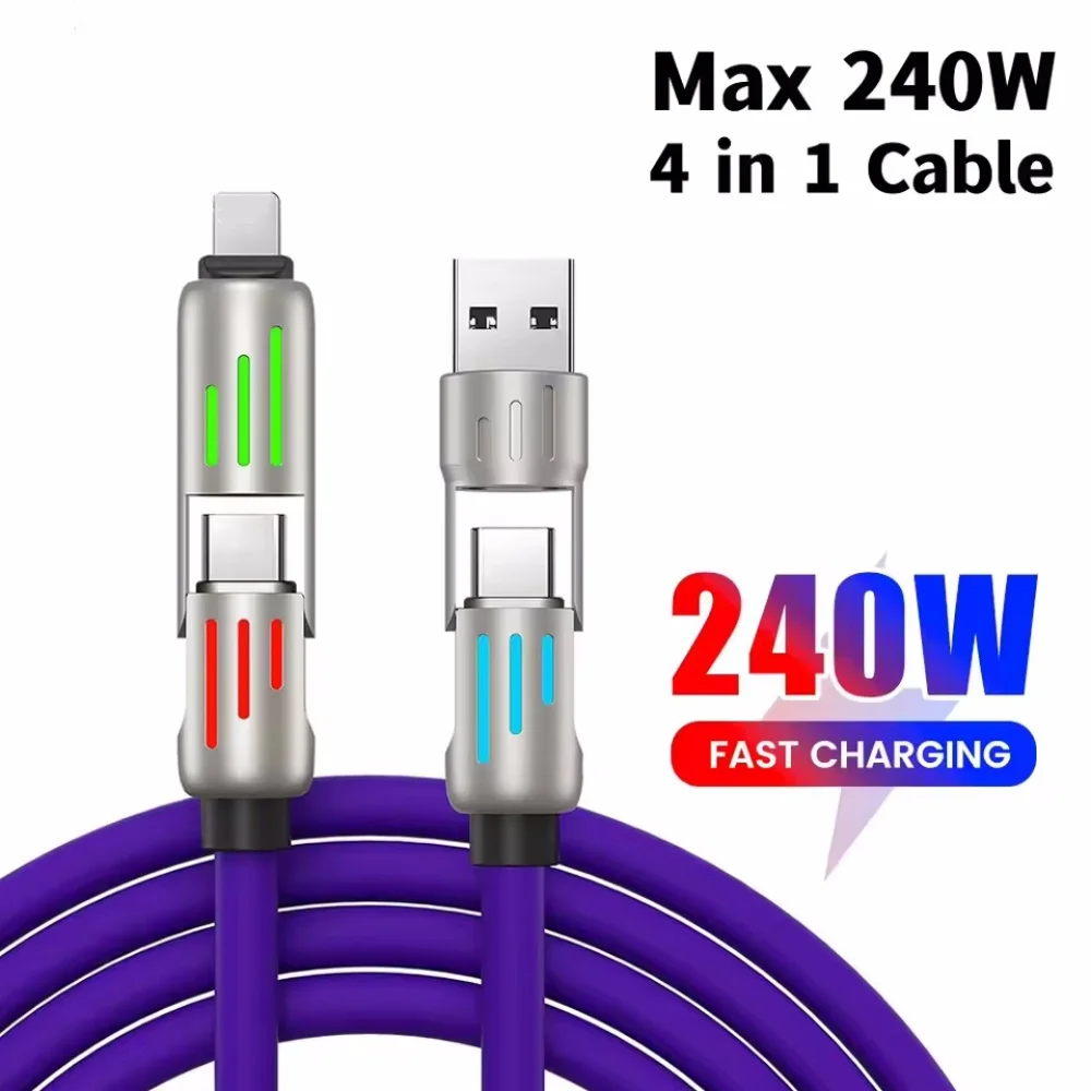 Cargador multiconectores 4 en 1, codo giratorio USB a tipo C, 1,5 m, teléfono móvil, Cable de silicona de carga rápida de 240W, transferencia de datos - imagen 2