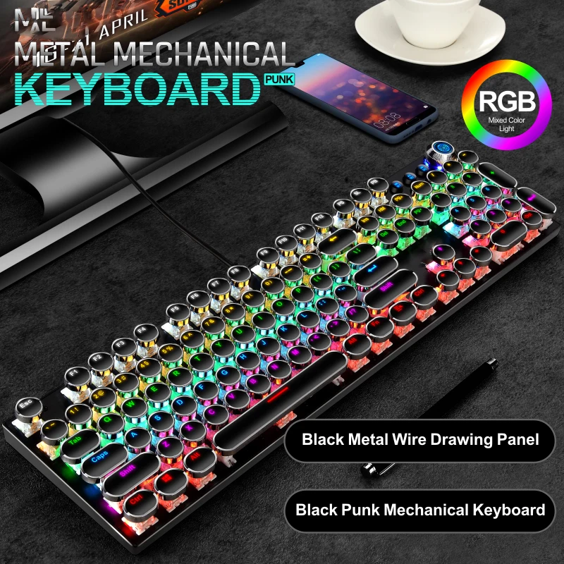Teclado redondo Punk de 104 teclas con interruptor azul, teclado de ordenador blanco, Cable USB RGB con cable negro, Teclado mecánico para juegos 100% para PC