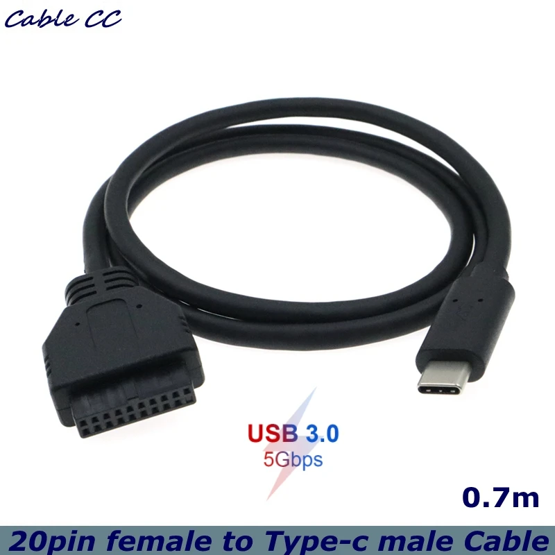Cable de panel frontal USB3.0 de 0,7 m, Cable de datos USB 3,1 de 19 pines y 20 pines a tipo c, utilizado para adaptador de disco duro móvil de chasis de computadora