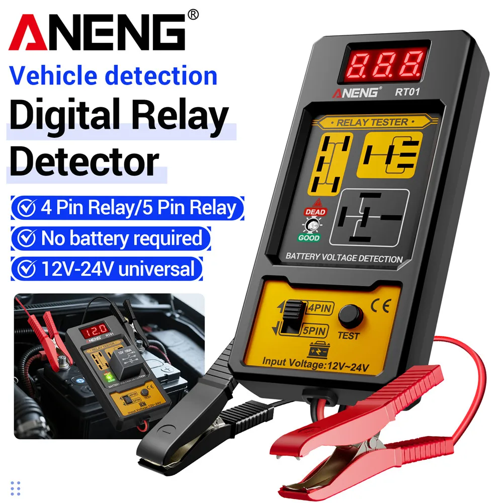 Probador de relé automático, probador de relé de coche, probador de voltaje ANENG RT01 11-25V, comprobador de batería de prueba LED, herramienta de reparación de analizador de relés de 4/5 pines