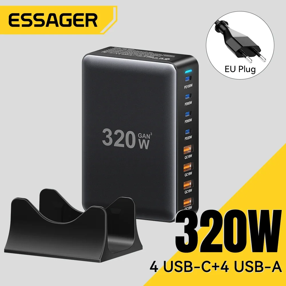 Essager-cargador GaN de 320W, estación de carga de escritorio USB tipo C de 8 puertos PD 100W, carga rápida para iPhone 17 16 15 iPad MacBook y portátil
