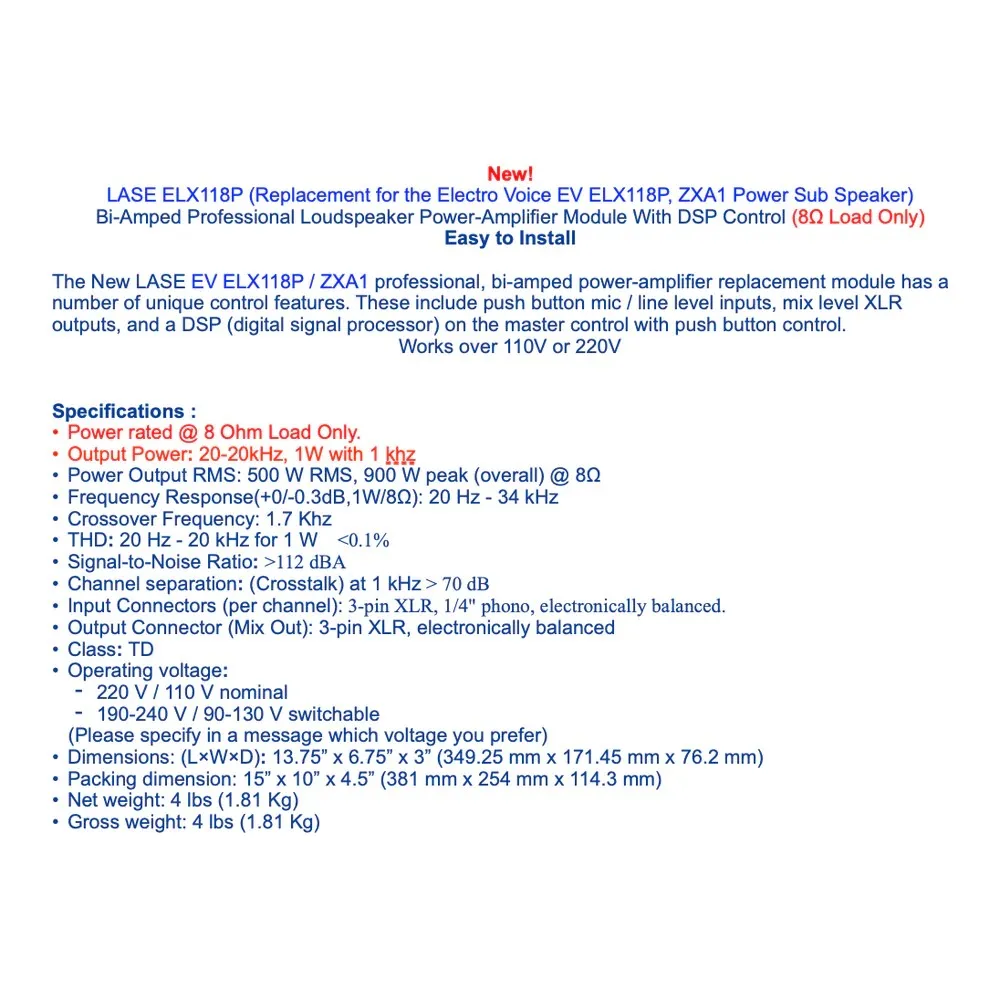 LASE ELX118P reemplazo para Electro Voice EV Power Sub altavoz bi-amped Pro, módulo amplificador de potencia de altavoz - imagen 5