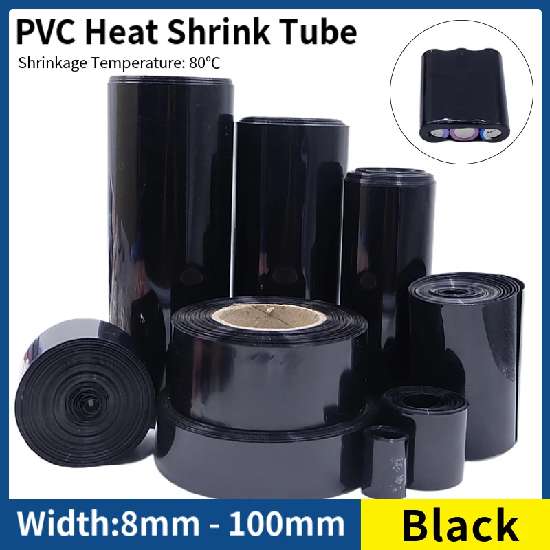 Paquete de tubos termorretráctiles de PVC para batería Lipo, 1/5/20M, 8mm ~ 100mm, envoltura de película aislada, funda de Cable de protección de caja de litio, color negro - imagen 2