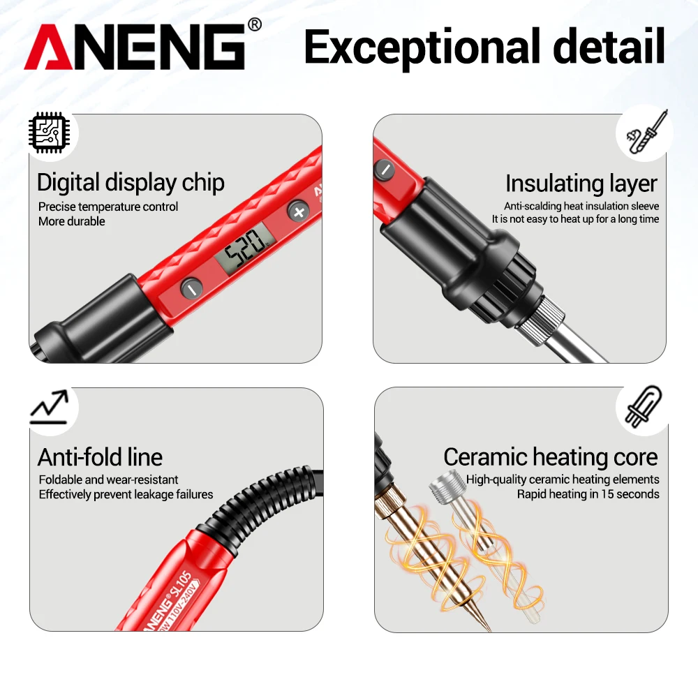 Hierro de soldadura eléctrico 60W ANENG SL105 pantalla digital temperatura ajustable SL104 botón de ajuste Calefacción rápida Hierro eléctrico Kit profesional portátil Electricio Herramientas de reparación de soldadura - imagen 5
