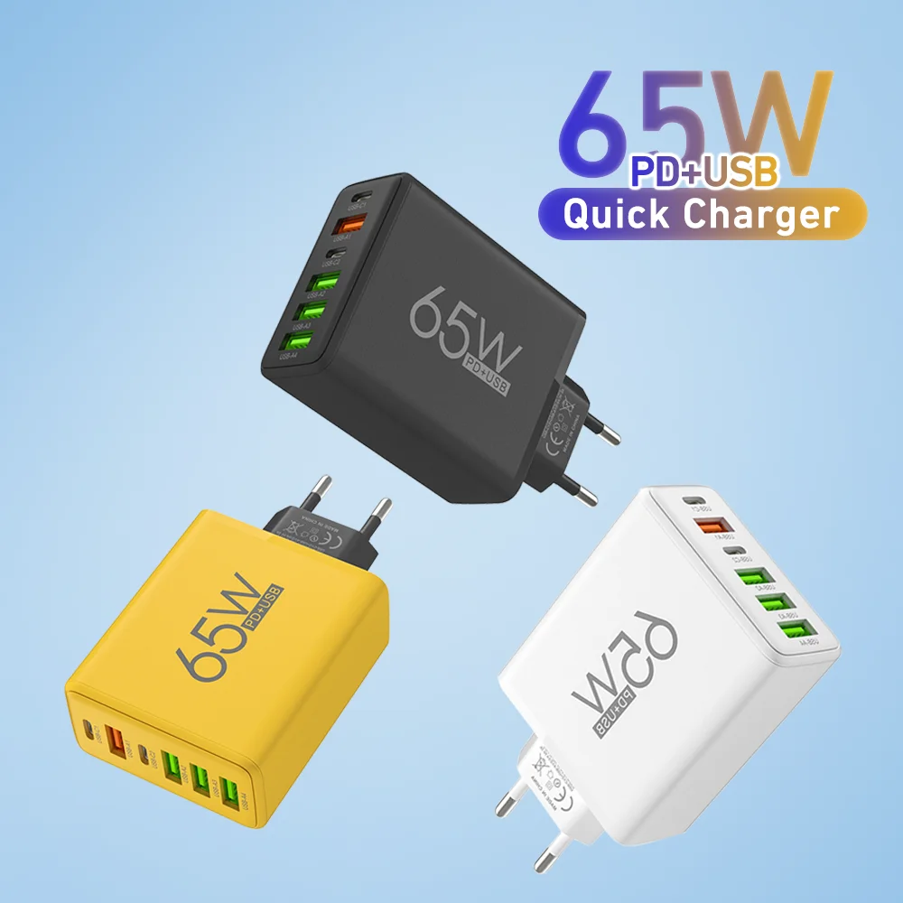 Cargador USB Total de 65W, 6 puertos tipo C, carga rápida QC3.0 para iPhone, Samsung, Xiaomi, enchufe de carga, adaptador de cargador de pared de carga rápida
