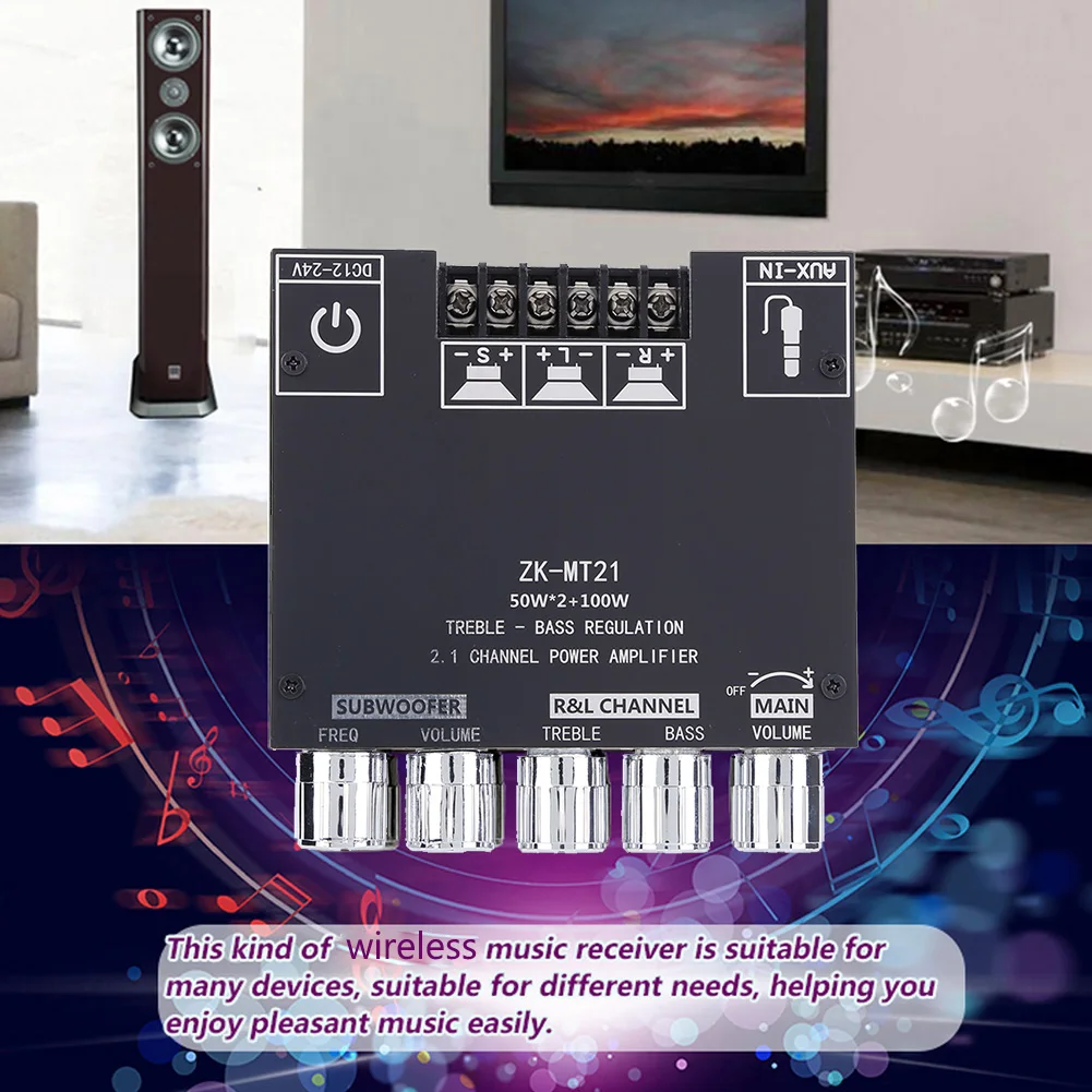 Placa amplificadora de potencia Digital ZK-MT21, 2x50W + 100W, Subwoofer de 2,1 canales, AUX, 12V, 24V, Audio estéreo, Bluetooth 5,0, amplificador de graves - imagen 5