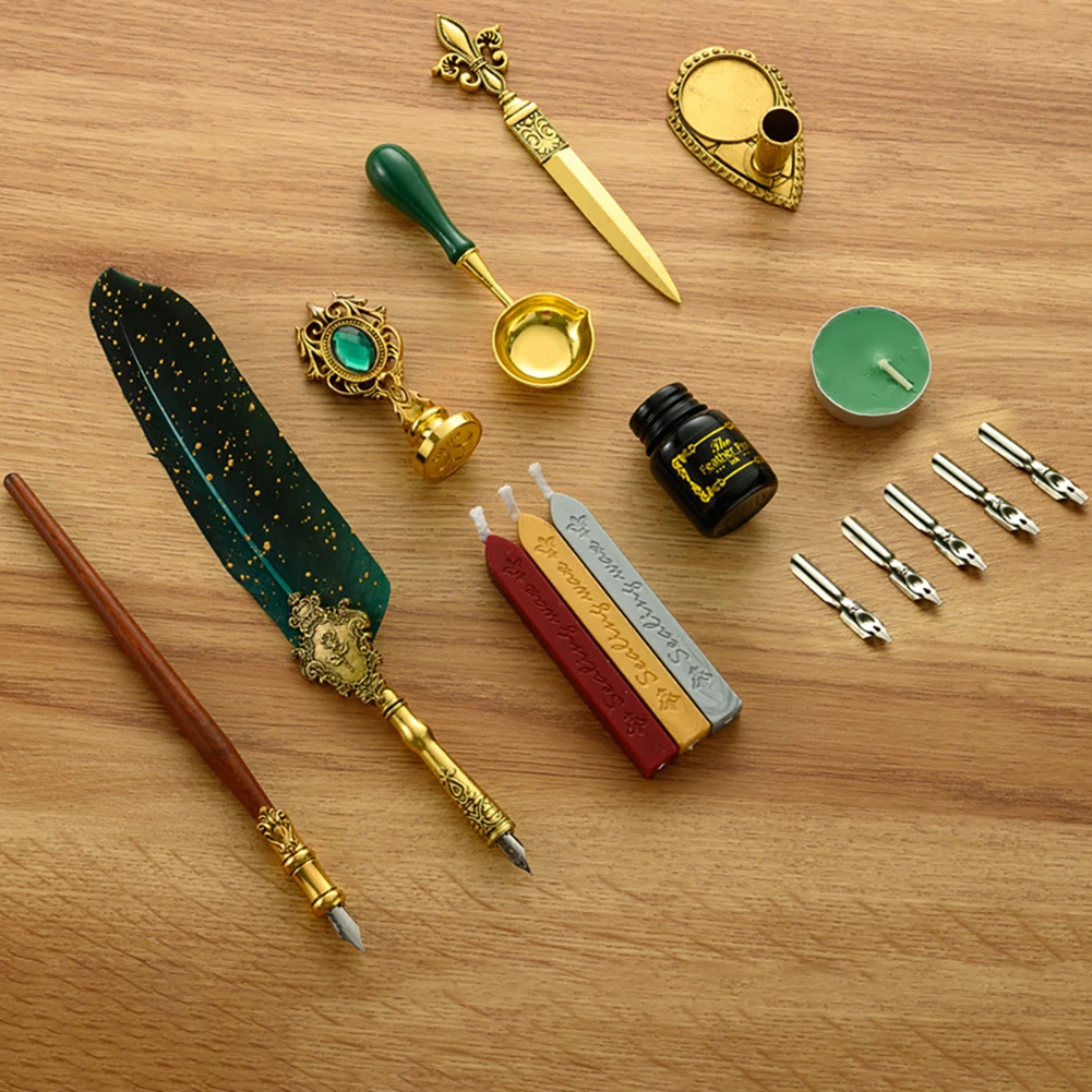 Pluma de inmersión de caligrafía Retro Vintage, plumas estilográficas, juego de tinta para escribir, papelería, pluma, Kit de sello de cera clásico Vintage - imagen 4