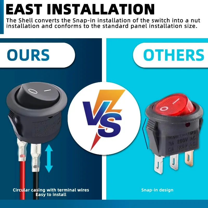20 piezas interruptor basculante redondo AC 6A/250V 8A/125V 2 SPST encendido/apagado 2 pines 2 posiciones interruptor de palanca de encendido/apagado con Terminal de engarzado de cabeza de 4,8mm - imagen 5