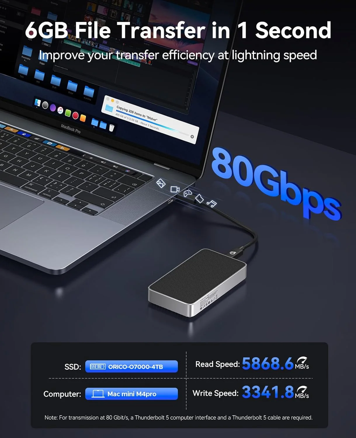 ORICO 80Gbps M.2 NVMe SSD Caja silenciosa sin ventilador Compatible con Thunderbolt 5/4/3/USB4 M-Key NVMe 2280 SSD Tool-Fre para Mac - imagen 2