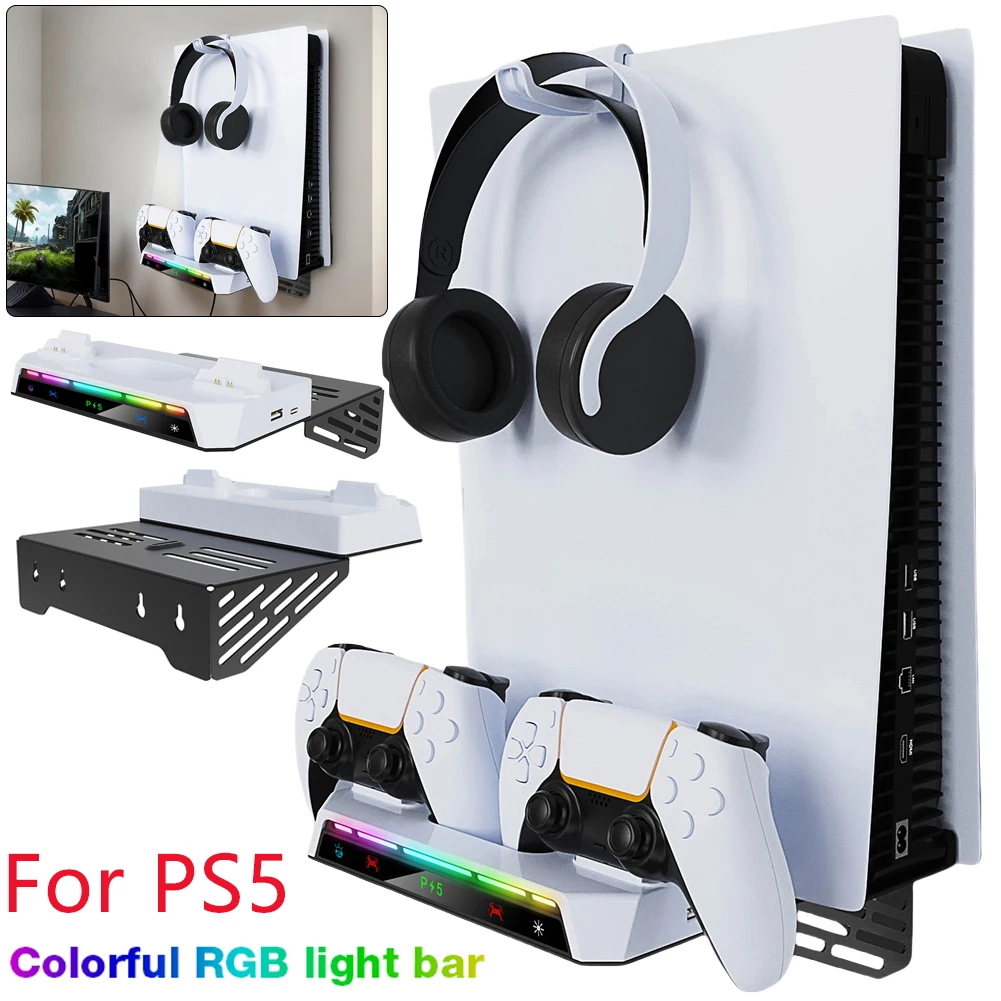 Kit de montaje en pared para controlador PS5, estación de carga, estante de luz RGB, montaje flotante para consolas delgadas, disco y Digital - imagen 2