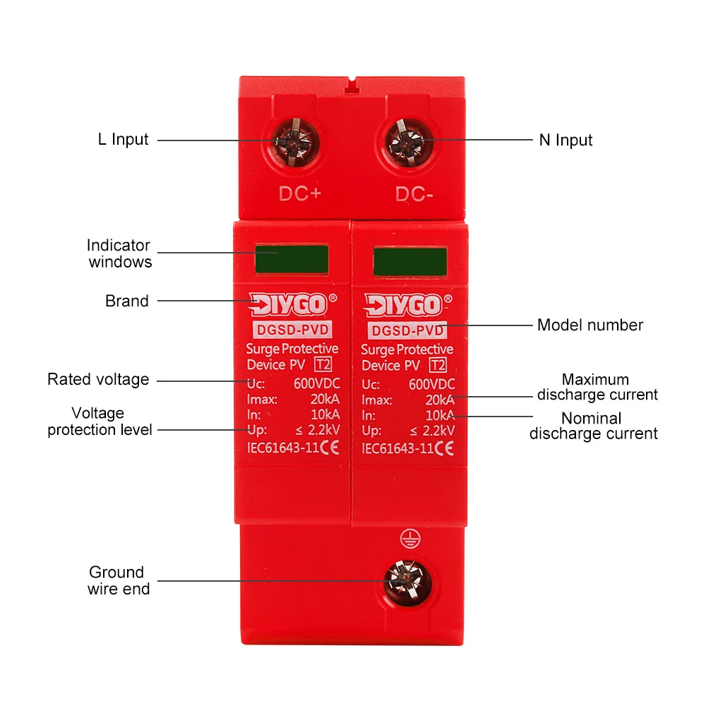 Dispositivo de protección contra sobretensiones 2P DC SPD 10KA ~ 20KA 500V 600V 800V 1000V tipo carril Din protección contra rayos de bajo voltaje para el hogar - imagen 3