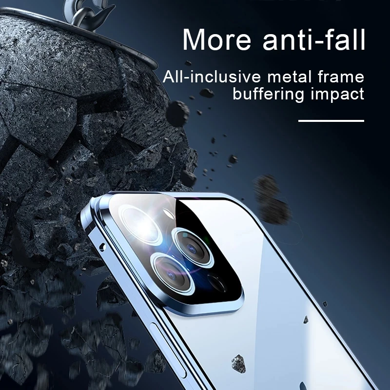 360 ° Funda de teléfono con cierre magnético de Metal de protección completa para iPhone 16 Pro Max 14 12 13 15 Pro Max funda de parachoques de vidrio de doble cara - imagen 5
