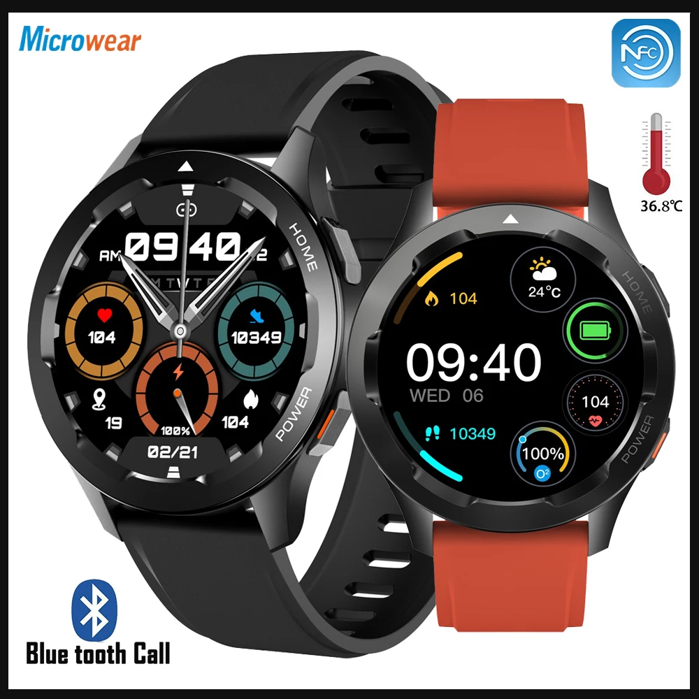 Reloj inteligente para hombre, llamada de diente azul, asistente de voz NFC, reproducción de música, temperatura, frecuencia cardíaca, prueba de oxígeno en sangre, reloj inteligente deportivo