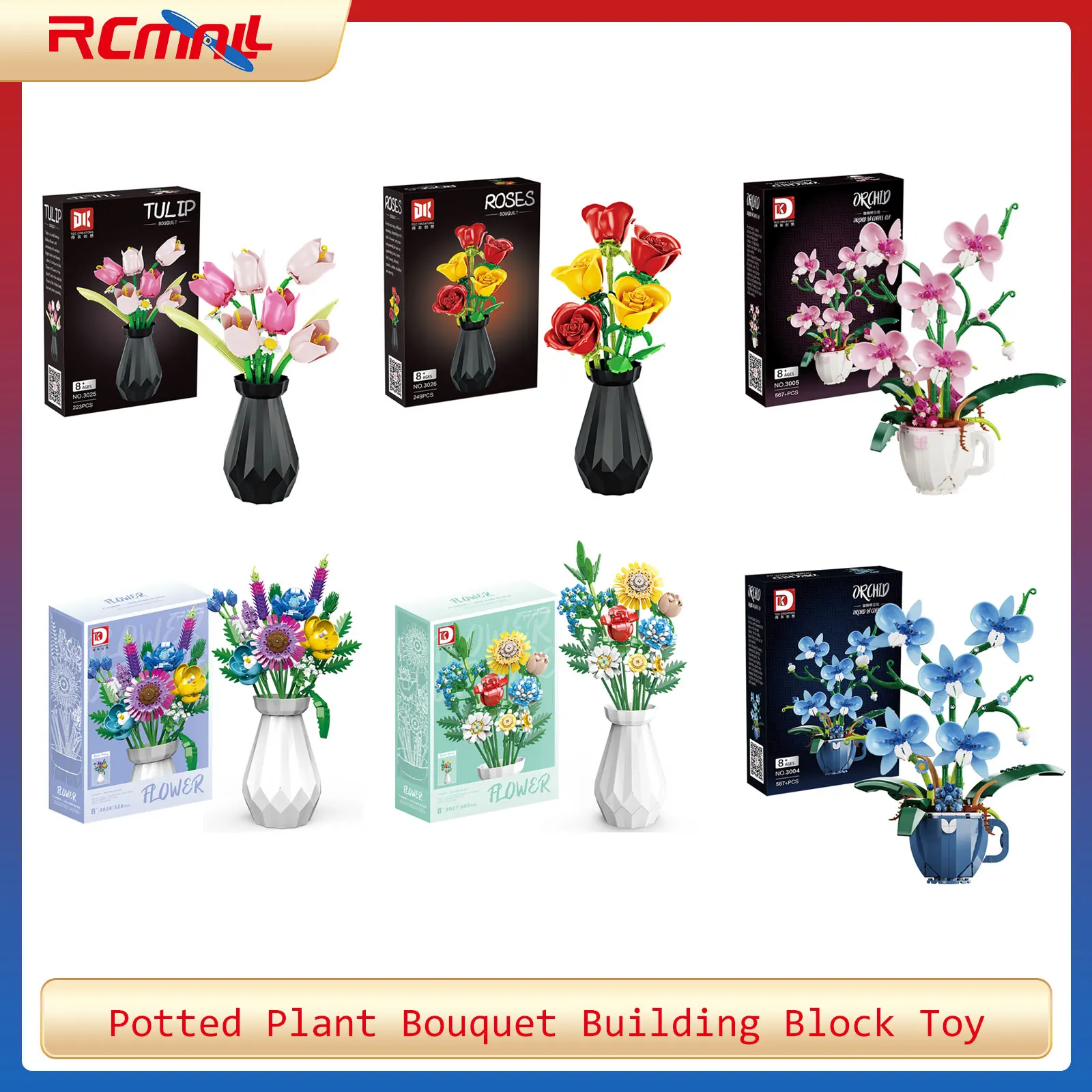 Ordeno, tulipán, rosa, maceta, ramo de plantas, adornos, montaje educativo, juguete de bloques de construcción, regalo, flor, decoración creativa para el hogar