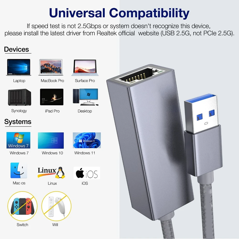 Adaptador Ethernet Gigabit USB 3,0 a 2,5G, tarjeta de red RTL8156B, 2500/1000/100Mbps, USB C 3,1, RJ45, para ordenador portátil y de escritorio - imagen 5