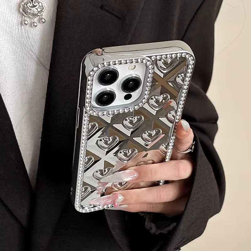 Funda de teléfono con borde de diamantes de imitación y purpurina de corazón de amor a la moda para iPhone 16 15 13 12 11 Pro Max 14 Plus, funda trasera chapada en TPU - imagen 3