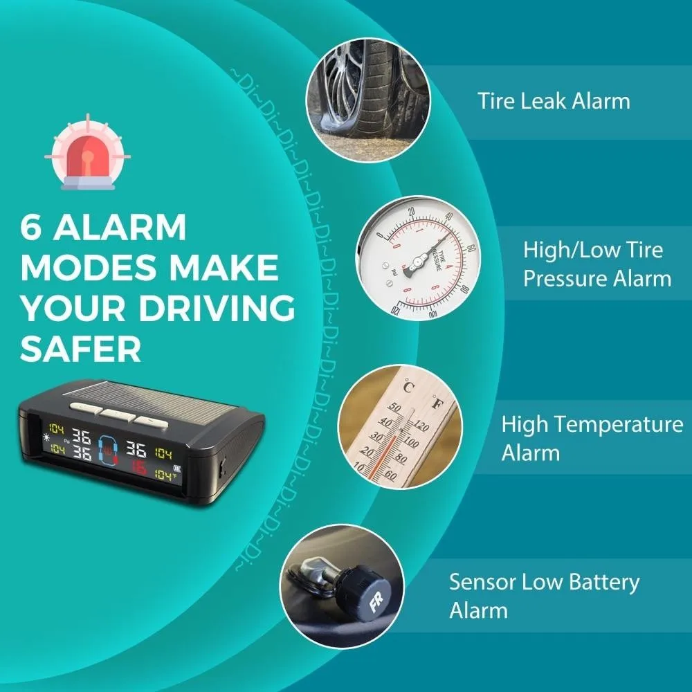 Sistema de Monitor de alarma de presión de neumáticos de coche TPMS Universal, pantalla de 4 sensores, advertencia de temperatura de presión de neumáticos inteligente Solar - imagen 4