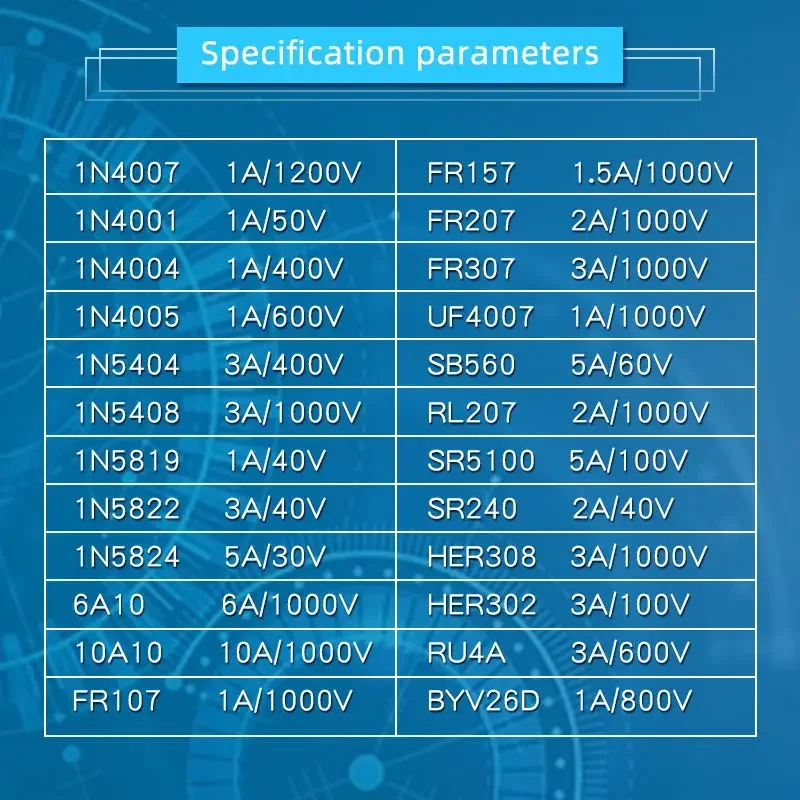 20 piezas 1N5404 1N5408 SB560 SR5100 HER302 RU4A HER308 FR307 10A10 6A10 Kit de diodo rectificador Shottky - imagen 4