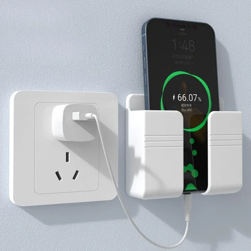 Soporte de pared para teléfono móvil, caja de almacenamiento de Control remoto, pegajosa, sin perforaciones, color blanco