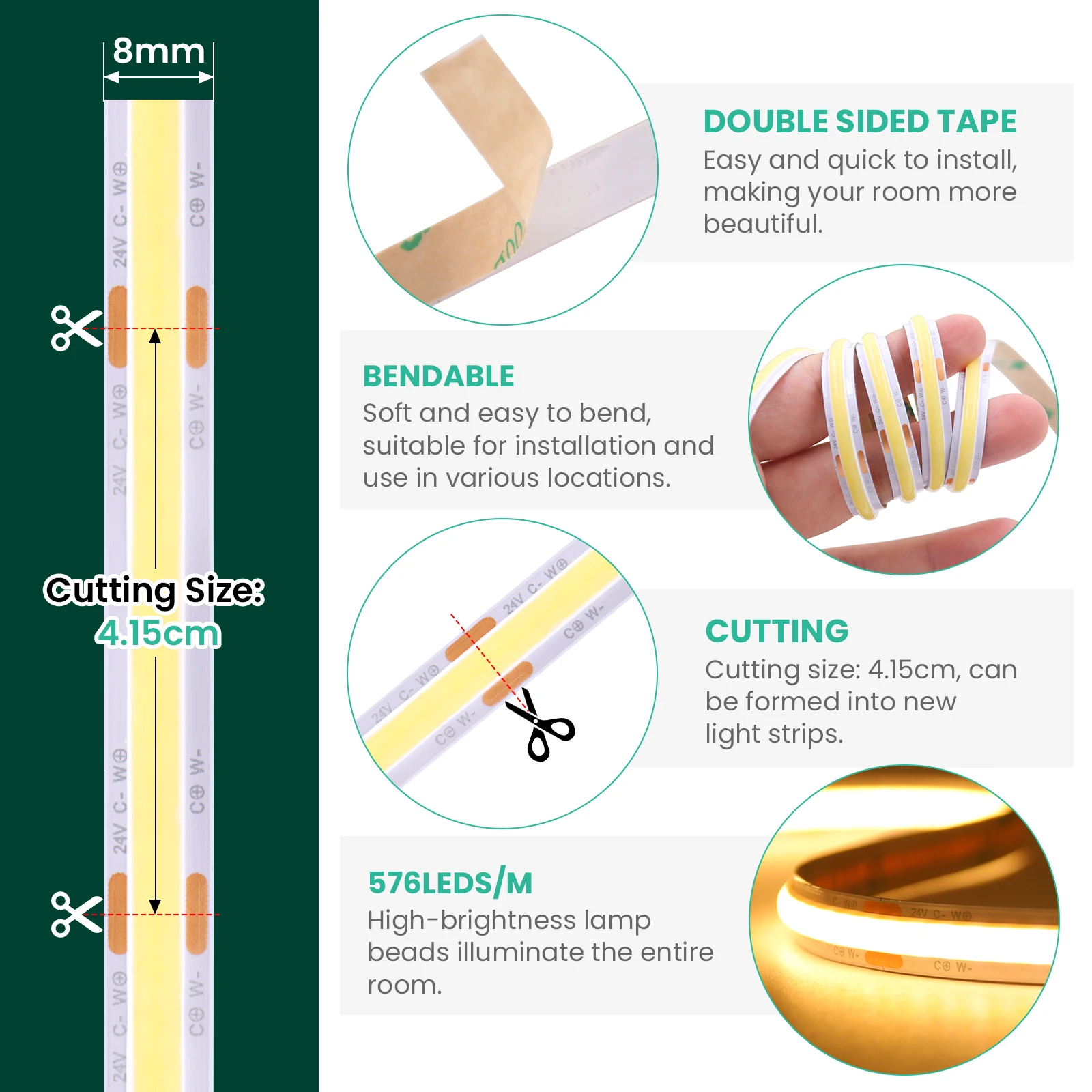Tira de luces LED COB CCT de 1m, 2m, 4m, 5m, 24V, 576LEDs/m, Flexible, regulable, RA90, luz para habitación, 2700K-6500K, cinta Led cambiable - imagen 5