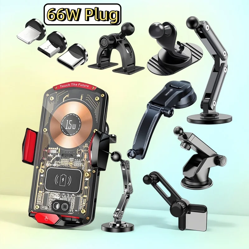 Soporte de cargador inalámbrico para coche de 15W, soporte de carga con enchufe magnético de detección automática de 66W para Iphone 17 16 15 14 13 12 Pro Max Samsung Mount - imagen 2
