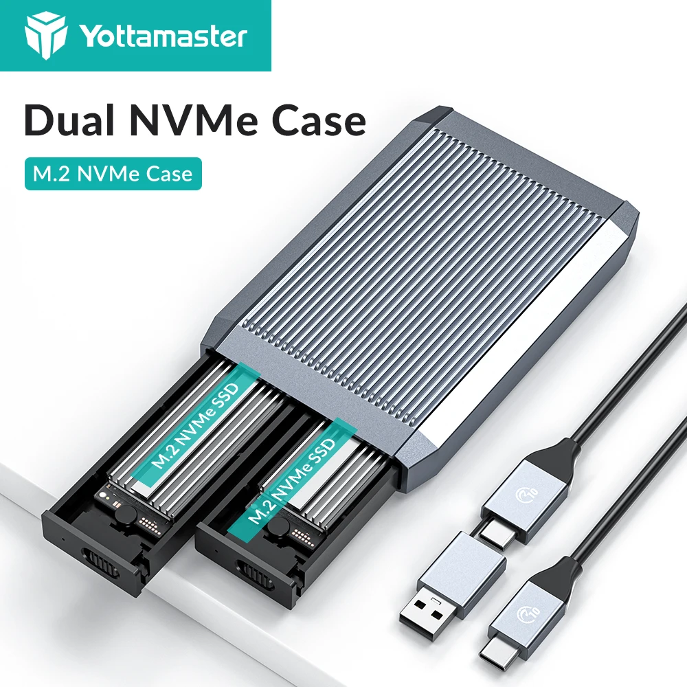 Yottamaster Caja de doble bahía 10 Gbps NVMe PCIE y 6 Gbps SATA NGFF Tipo C Caja de disco duro externo USB3.1 GEN2 NVMe SATA Box