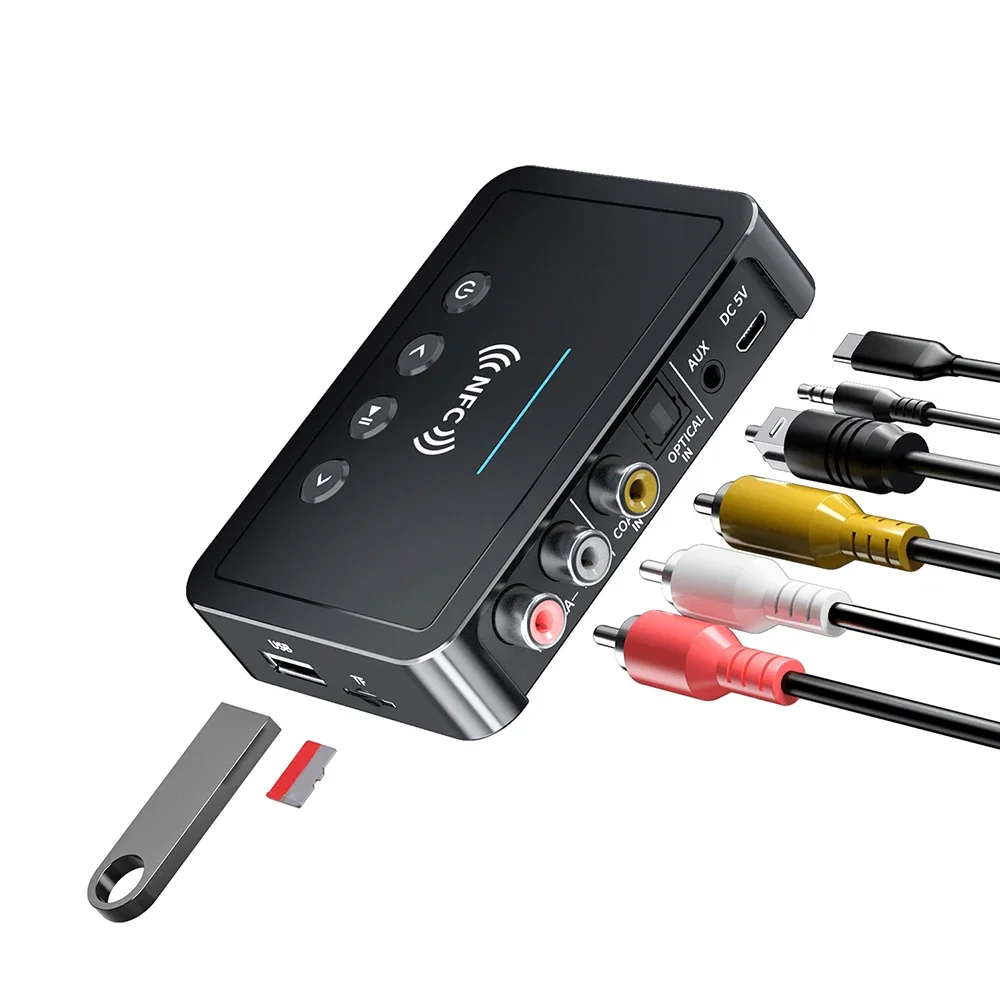 Transmisor receptor inalámbrico compatible con Bluetooth 5,0, adaptador NFC AUX 3,5 MM, Coaxial óptico TF/disco U, USB, FM, pantalla LED, micrófono HD - imagen 3