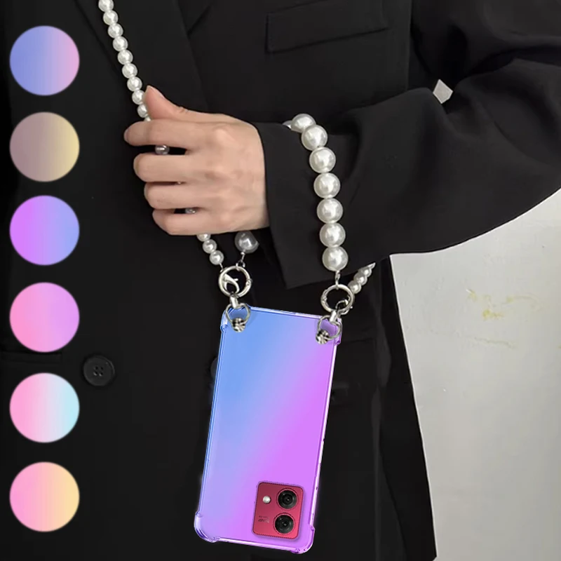 Funda con cordón de perlas cruzadas para Motorola G84, G54, G32, E13, Edge 40, Neo 30, pulsera, cadena, gradiente transparente, funda trasera para teléfono
