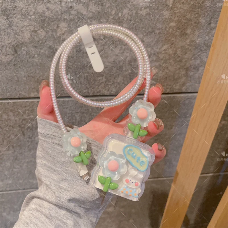 Nueva funda de cargador de silicona transparente con flor de conejo azul para IPhone 11 12 13 14 15 18/20W funda protectora de carga funda de cargador - imagen 4