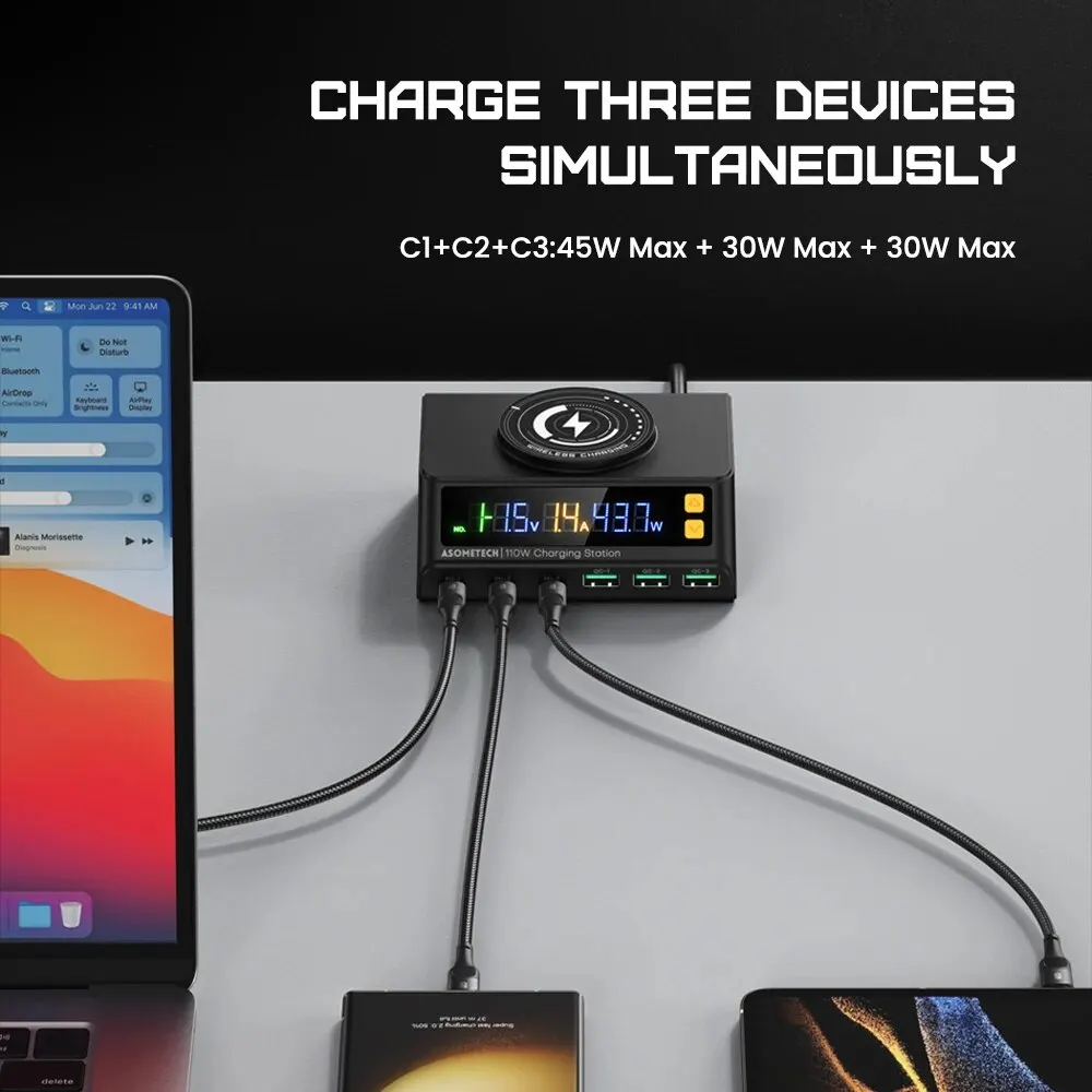 Cargador USB 7 en 1 de 110W con estación de carga inalámbrica PPS PD USB tipo C cargador rápido para ordenador portátil iPhone 15 14 Samsung S23 Ultra - imagen 3