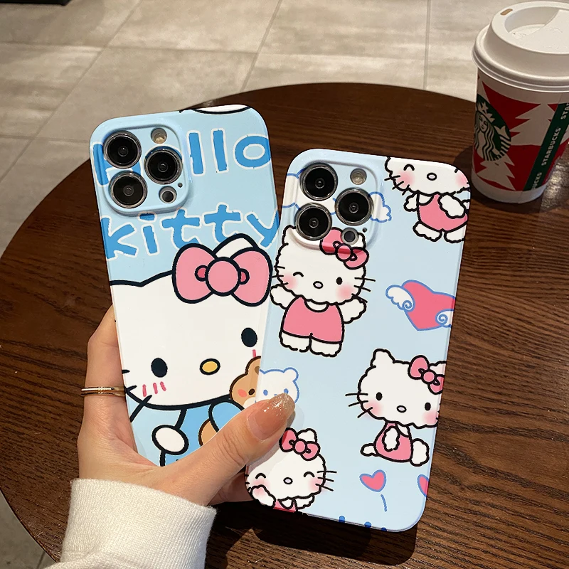 Funda de teléfono Kawaii Hello Kitty para IPhone 16, 15, 14, 13, 12, 11 Pro Max, XS, XR, XSMax, 6, 7, 8 Plus, protección de lente, brillante, HD, PC